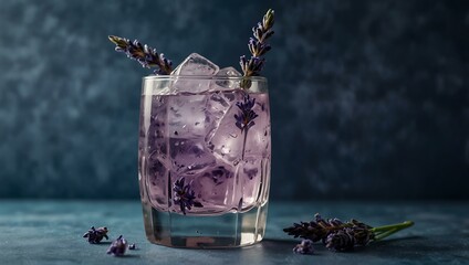 Sticker - Cold lavender cocktail with natural lavender syrup and ice cubes, blue background.