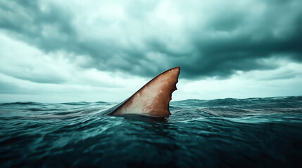 Sticker - A shark fin protruding from the surface of the ocean under cloudy, stormy skies, indicating a sense of danger or suspense in a marine environment.