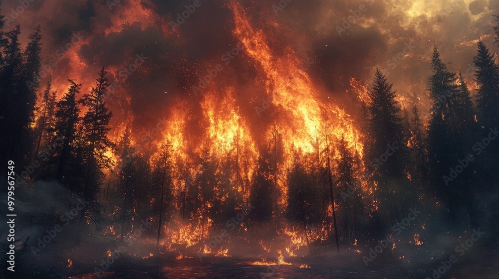Raging forest fire engulfing trees with thick smoke and bright flames ...