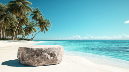 Wall Mural - Tropical beach scene with a large rock on white sandy shore, clear turquoise ocean, and a background of tall palm trees under a blue sky with scattered clouds.