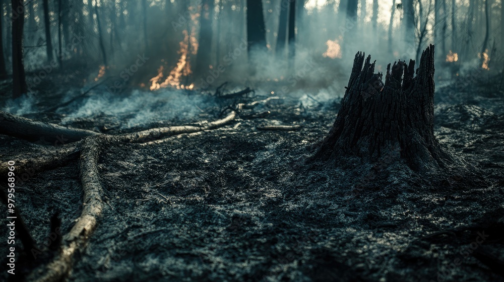 Smoldering remnants of a forest fire with charred trees and blackened ...