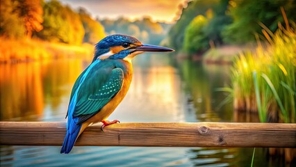 Vibrant blue kingfisher perched on wooden railing overlooking serene lake, feathers glistening in morning sunlight, capturing serene tranquility of the natural world.