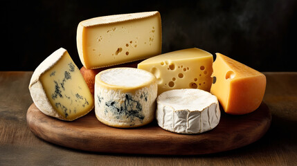 Wall Mural - A variety of different types of cheeses arranged on a wooden board, including blue cheese, brie, Swiss cheese with holes, and other aged and semi-soft cheeses.