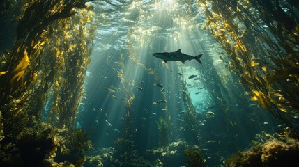 Wall Mural - Wide shot of a school of sea fish swimming through a sunlit underwater kelp forest, showcasing natural marine habitat