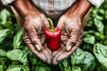 Hands holding a fresh red pepper in an organic garden, promoting vegan and organic nutrition.