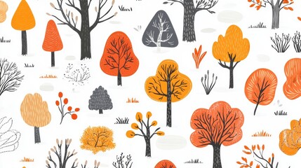 Wall Mural - Scandinavian-inspired seamless pattern with autumn trees and bushes, ideal for creating fall-themed textile, wallpaper, or wrapping paper designs. Soft tones and simple shapes create a cozy atmosphere