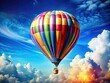 © kittipon - Vibrant colorful hot air balloon illustration against a clear blue sky, with whimsical clouds and subtle texture, evoking a sense of freedom and adventure.