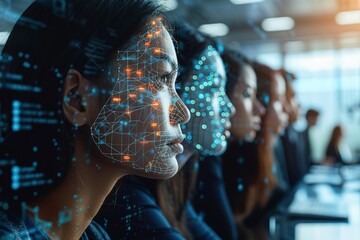 Poster - A woman's face is projected on a screen in front of a group of people