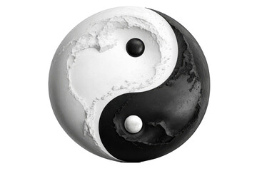 Realistic yin yang symbol, full body, centered, isolated against a pristine white background, conveys balance, contrast of dark and light elements, mimicking natural opposites