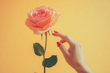 Wall Mural - A delicate hand with red nail polish gently touches a pink rose on a soft yellow background.