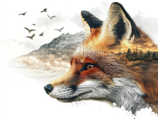 Wall Mural - A fox is staring at the camera with a mountain in the background