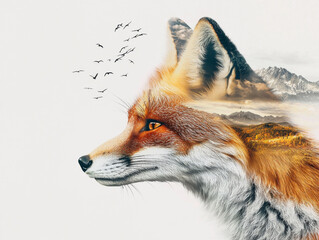 Wall Mural - A fox is the main subject of the image, with a mountain range in the background