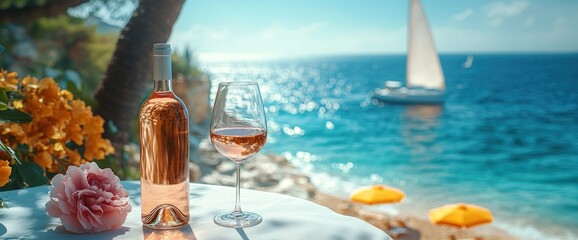 A serene seaside scene featuring a bottle of ros? and a glass by the water.