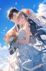 Wall Mural - Romantic Anime Wedding Illustration Featuring Bride in Blue and White Dress Holding Roses, Groom in Black Suit