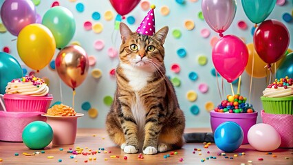 Vibrant feline sits in front of colorful celebratory balloons and confetti, wearing a bright pink party hat, surrounded by playful toys and treats.