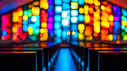 Canvas Print - Vibrant stained glass illuminates the interior of a church during a calm afternoon service