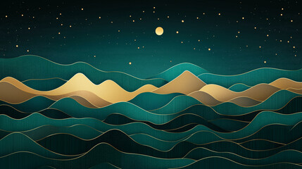 Wall Mural - A painting of a mountain range with a gold and green color scheme