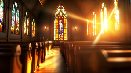 Wall Mural - Sunlit church interior showcasing vibrant stained glass windows during evening light