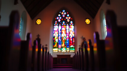 Canvas Print - A serene interior of a church showcasing a vibrant stained glass window during daylight