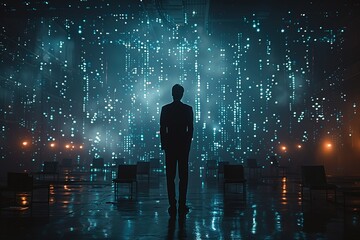 Poster - A man stands in a room with a large number of chairs around him