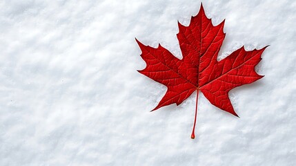 Wall Mural - A vibrant red maple leaf rests gracefully on a bed of snow, a striking contrast of color and season.
