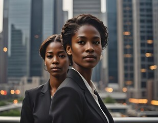 Dark-skinned businesswoman in black suit against city background