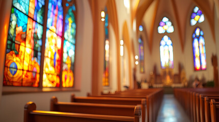 Beautiful stained glass windows illuminate a quiet church interior filled with wooden pews