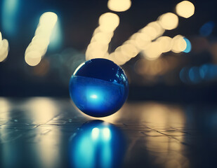 Blue ball on blurred lights background. Abstract, technology