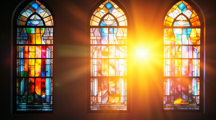 Wall Mural - Sunrise light streaming through beautiful stained glass windows in an old church