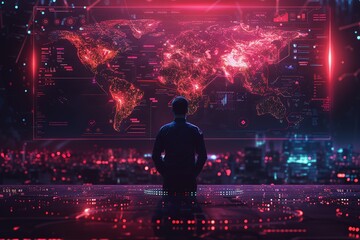 Poster - A man is sitting in front of a computer monitor that shows a map of the world wi