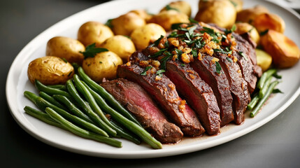 Wall Mural - Plate of sliced medium-rare roasted beef garnished with herbs, served with roasted baby potatoes and steamed green beans.