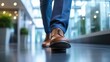 © Thanos - Close-Up of Businessman's Shoes and Pant Leg Walking in Office Building, Golden Hour Lighting