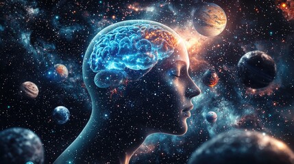 a human, with visible brain from the inside, brain is actually planet earth, stars and planets affec