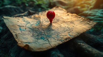 A vintage map adorned with a bright red marker, symbolizing adventure and exploration amidst nature's beauty.