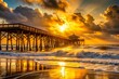 © Achiraya - Golden sunrise casts a warm glow on the devastated Pawley's Island fishing pier, partially destroyed by Hurricane Ian's powerful waves, debris scattered in the Atlantic Ocean.