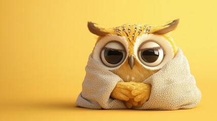 A sleepy owl cartoon character with big eyes, snuggled under a blanket, isolated on a pastel yellow background.