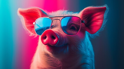 Funny pig  with sunglasses in front of a colorful neon background