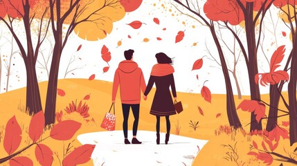 Sticker - A charming vector illustration in flat linear style, designed for an autumn greeting card. It features a couple strolling together amidst the vibrant hues of an autumn forest, highlighting the beauty