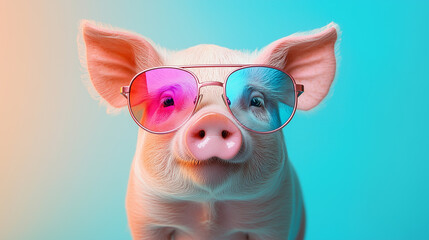 Funny pig  with sunglasses in front of a colorful neon background