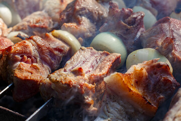 Delicious pork shashlik is cooked on the grill.