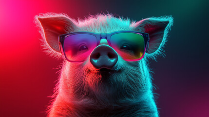 Funny pig  with sunglasses in front of a colorful neon background