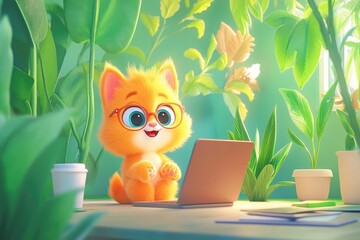 Wall Mural - Adorable cartoon cat with glasses using laptop in lush greenery workspace. AI