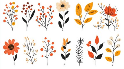 Sticker - A whimsical collection of hand-drawn floral doodles, featuring delicate herbs, wildflowers, and berries. Each element is sketched in a modern style, with clean lines and simple shapes, perfect for