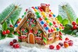 © kittipon - Whimsical edible abode adorned with colorful candies, icing, and festive holly, sitting on a snowy white background, evoking warm winter wonderland holiday magic.