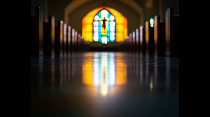 Wall Mural - A serene view of the church interior showing the beautiful stained glass window at dawn