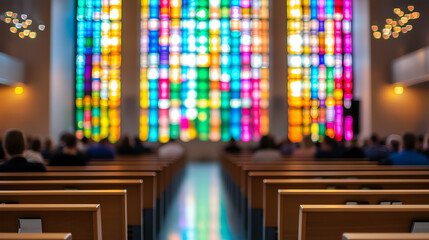 Canvas Print - Stained glass windows illuminate a church during a weekend service filled with worshippers