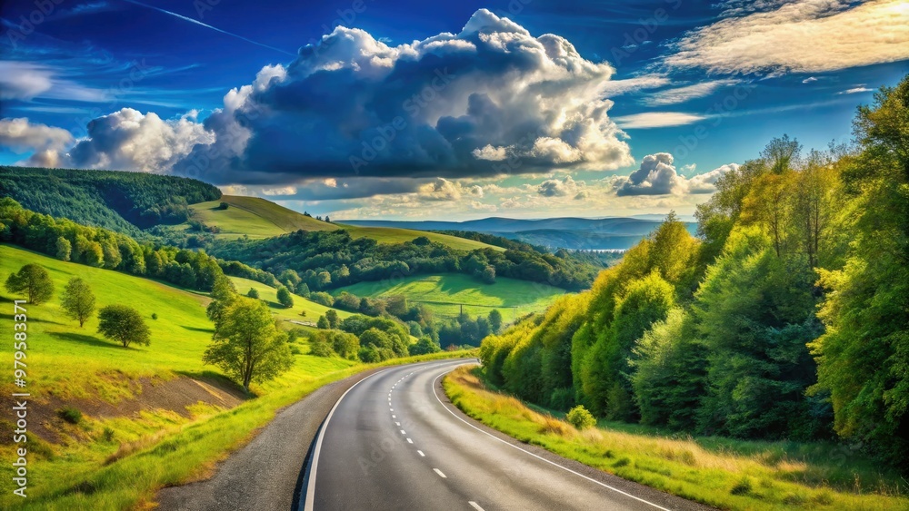 Winding asphalt road stretches into the distance, flanked by rolling ...