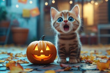 Adorable kitten and carved pumpkin in festive autumn setting. AI