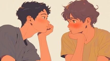 Anime-Inspired Illustration of Two Shy Men with Blushing Faces Sitting Side by Side, Looking at Each Other with Emotional Expressions and Detailed Facial Features