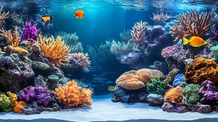 A vibrant underwater scene showcasing colorful corals and tropical fish in a serene ocean environment.